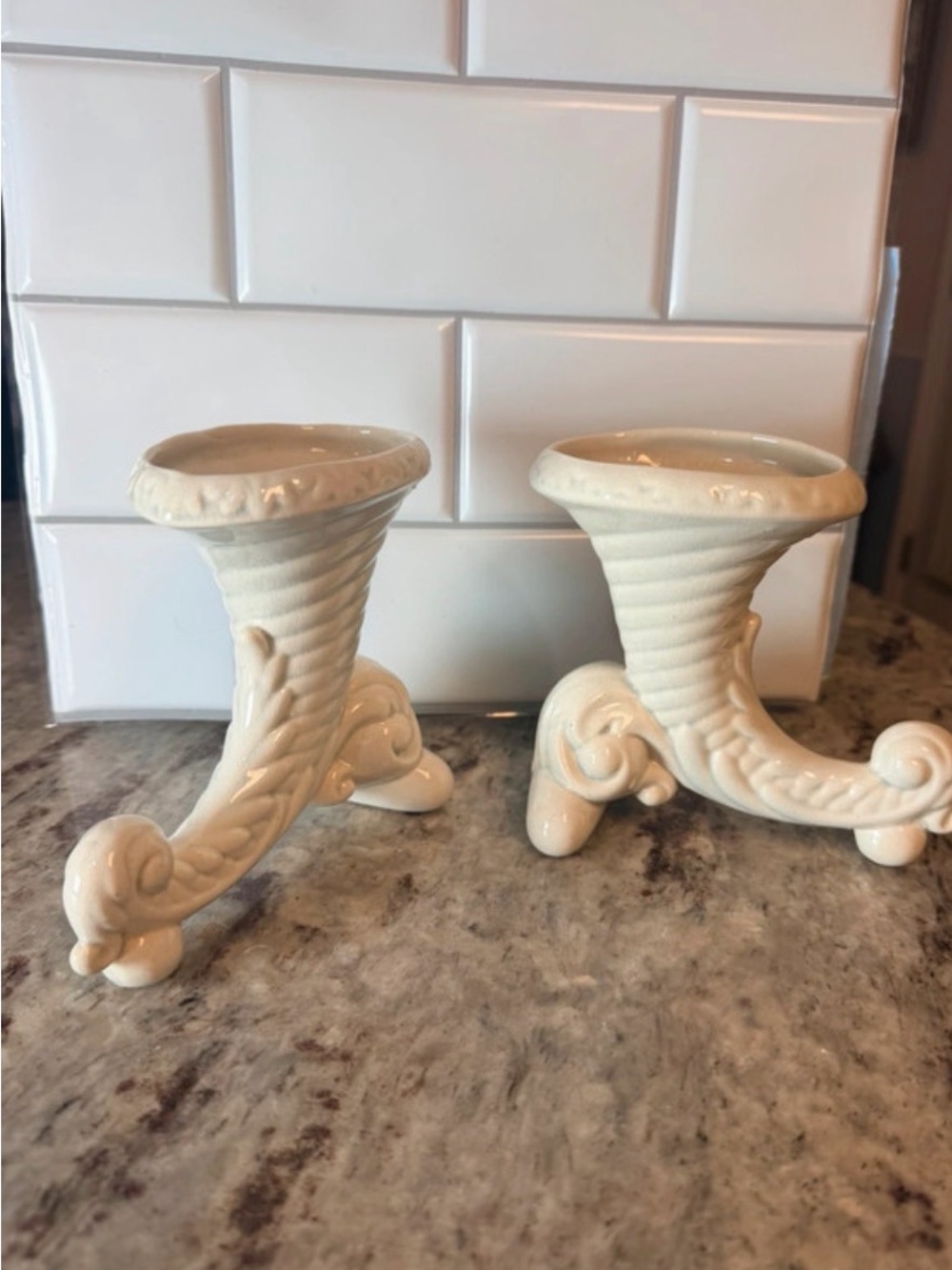 Vintage Decorative Ivory Ceramic Cornucopia Pair - Home Accents